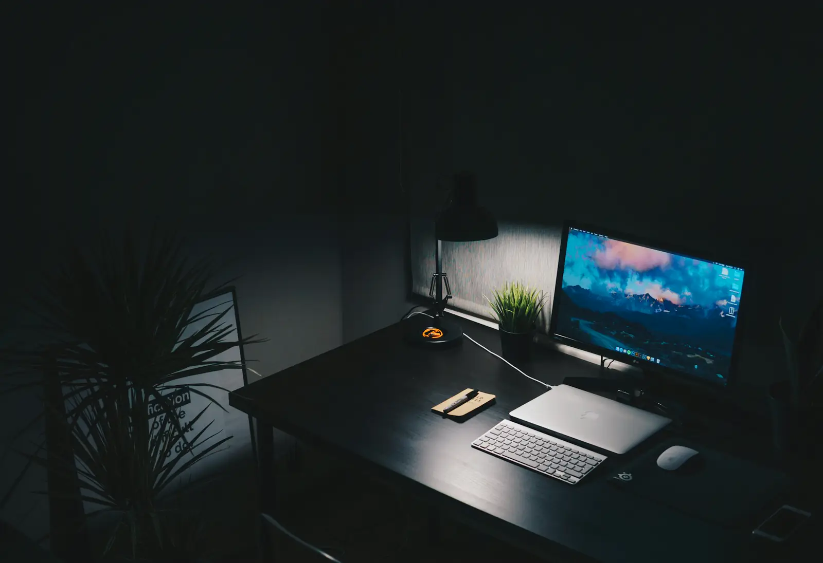 Un escritorio en penumbra con un portátil encendido, un teclado y una planta.